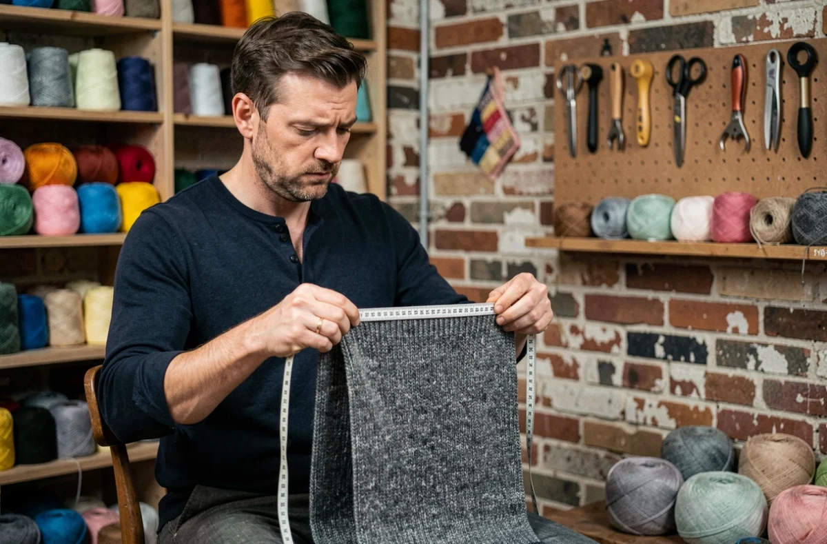 Homme mesurant la largeur d'une écharpe tricotée avec un mètre ruban dans un atelier de tricot artisanal