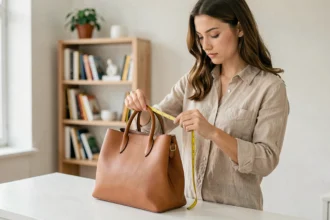 Femme mesurant la taille d'un sac à main en cuir avec un mètre ruban sur une table blanche