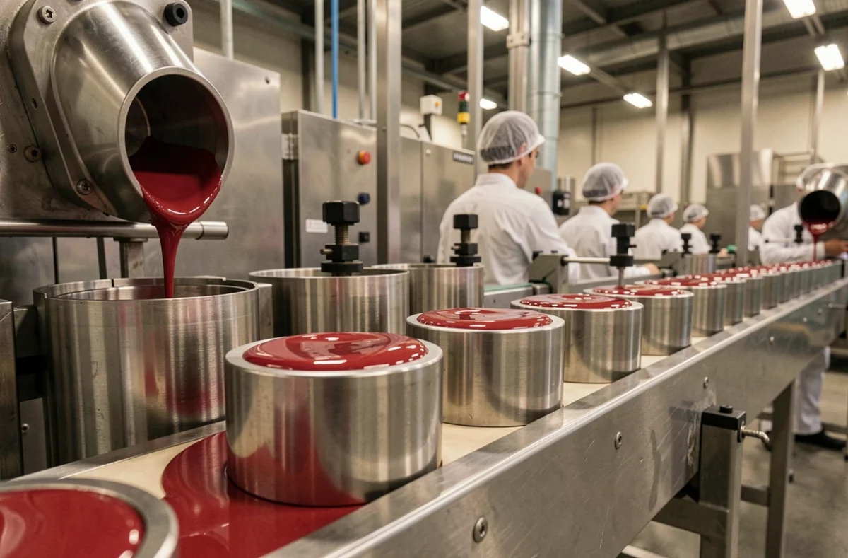 Remplissage de moules à rouge à lèvres en usine lors du processus de fabrication industrielle