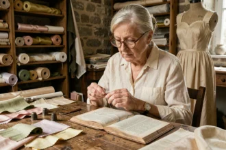 Couturière âgée dans un atelier parisien traditionnel, dictionnaire ouvert sur le mot couture et outils de couture anciens sur une table en chêne