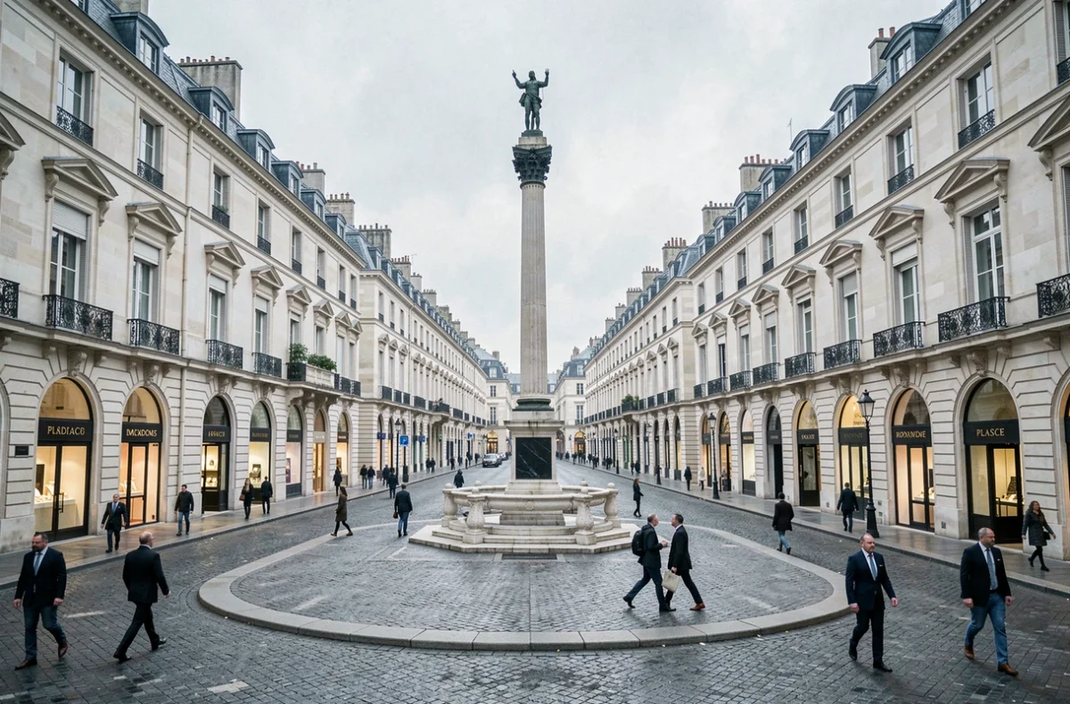Place Vendôme à Paris avec ses maisons de joaillerie de luxe et la colonne Napoléon