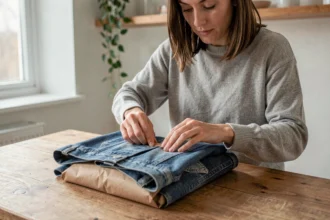 Femme préparant un colis Vinted en emballant un vêtement dans du papier kraft sur une table en bois à la maison
