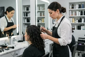 Coiffeuse professionnelle coupant les cheveux d'une cliente dans un salon moderne avec miroir et outils de coiffure