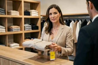 Femme en train de retourner un article en solde au comptoir d'un magasin de vêtements