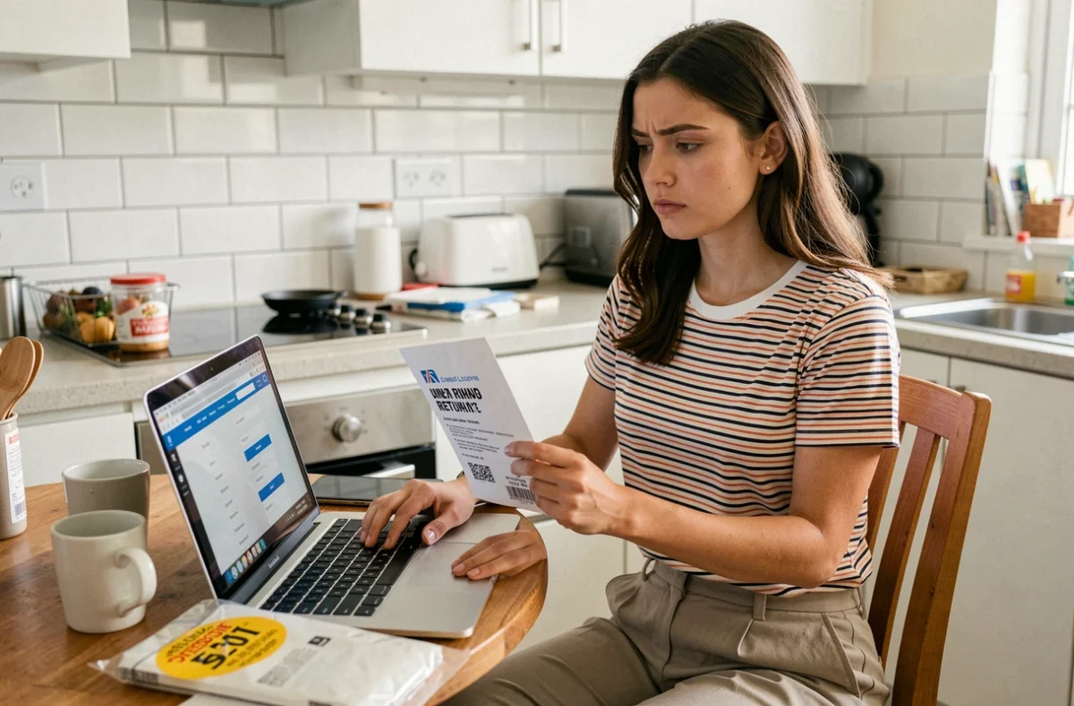 Jeune femme effectuant un retour en ligne d'un article acheté en solde depuis son domicile