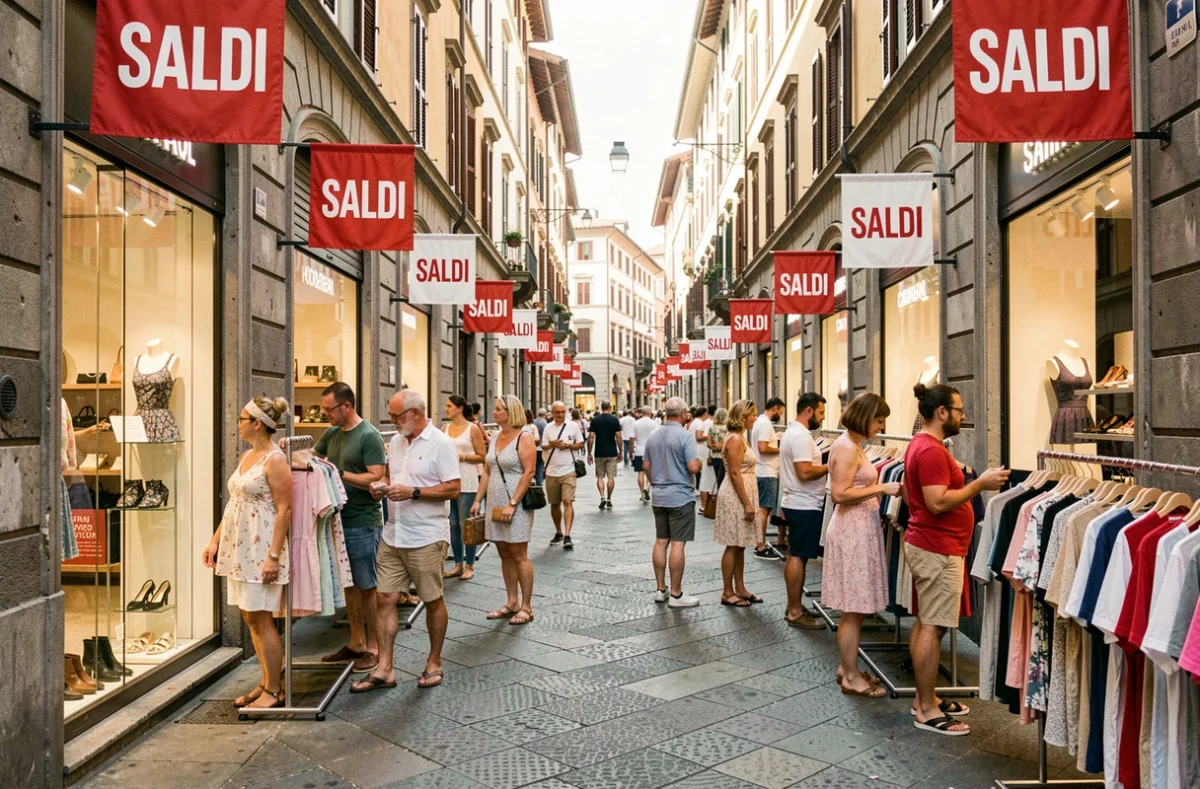 Rue commerçante animée de Milan pendant les soldes estivaux italiens avec des enseignes SALDI et des clients faisant du shopping en été