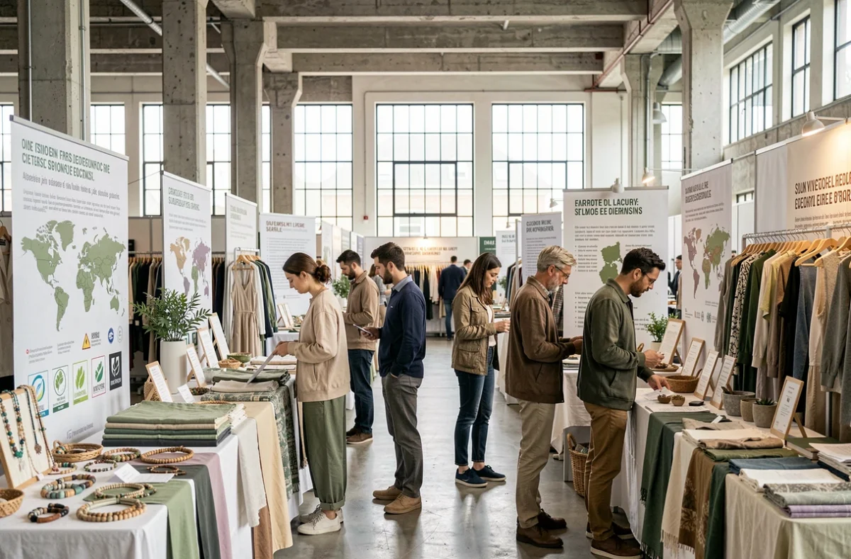 Visiteurs explorant des stands de mode durable et de luxe éthique lors d'un salon de la mode responsable