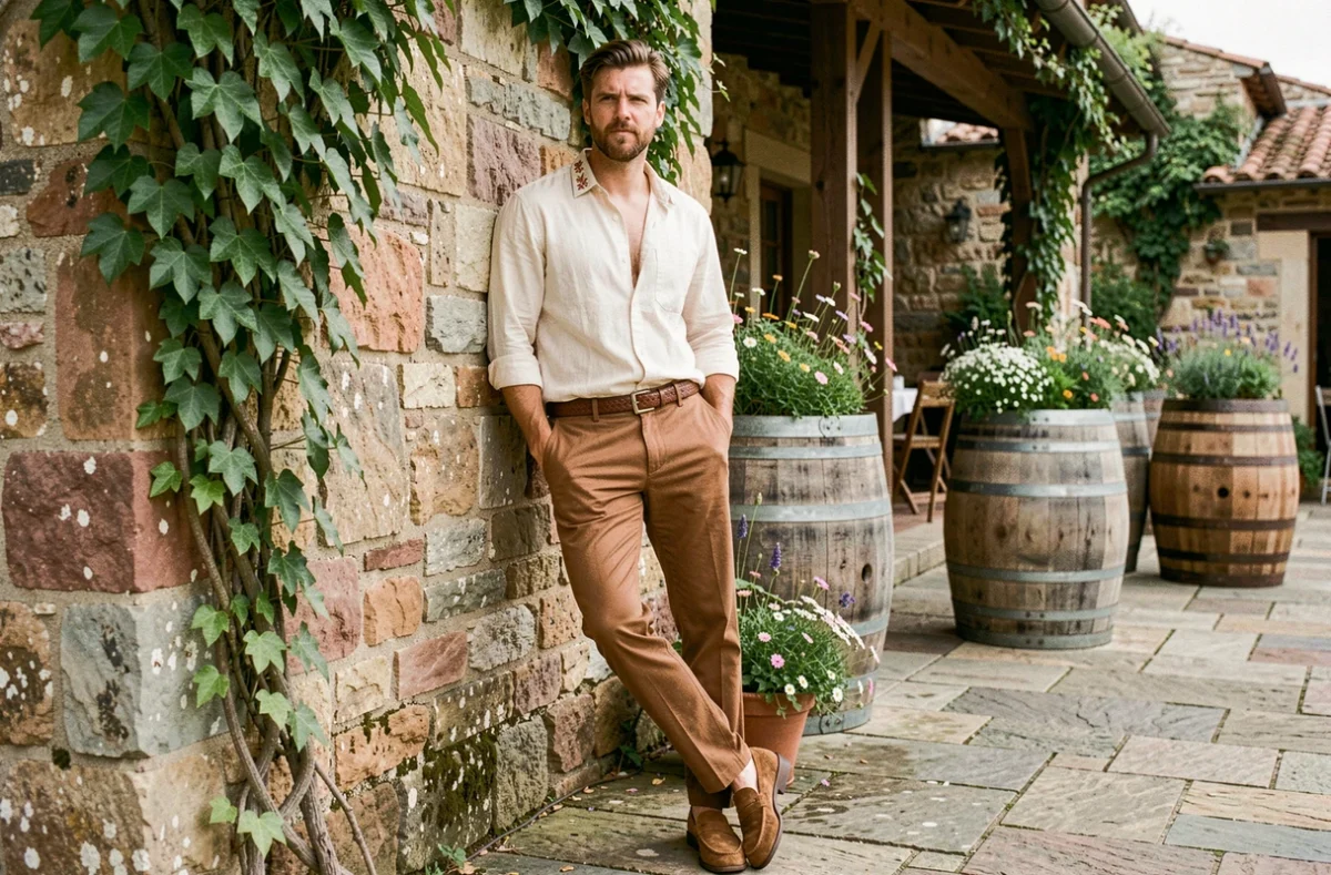 Tenue bohème guinguette pour homme avec chemise en coton écru brodée, pantalon tabac et loafers en suède contre un mur de pierre rustique