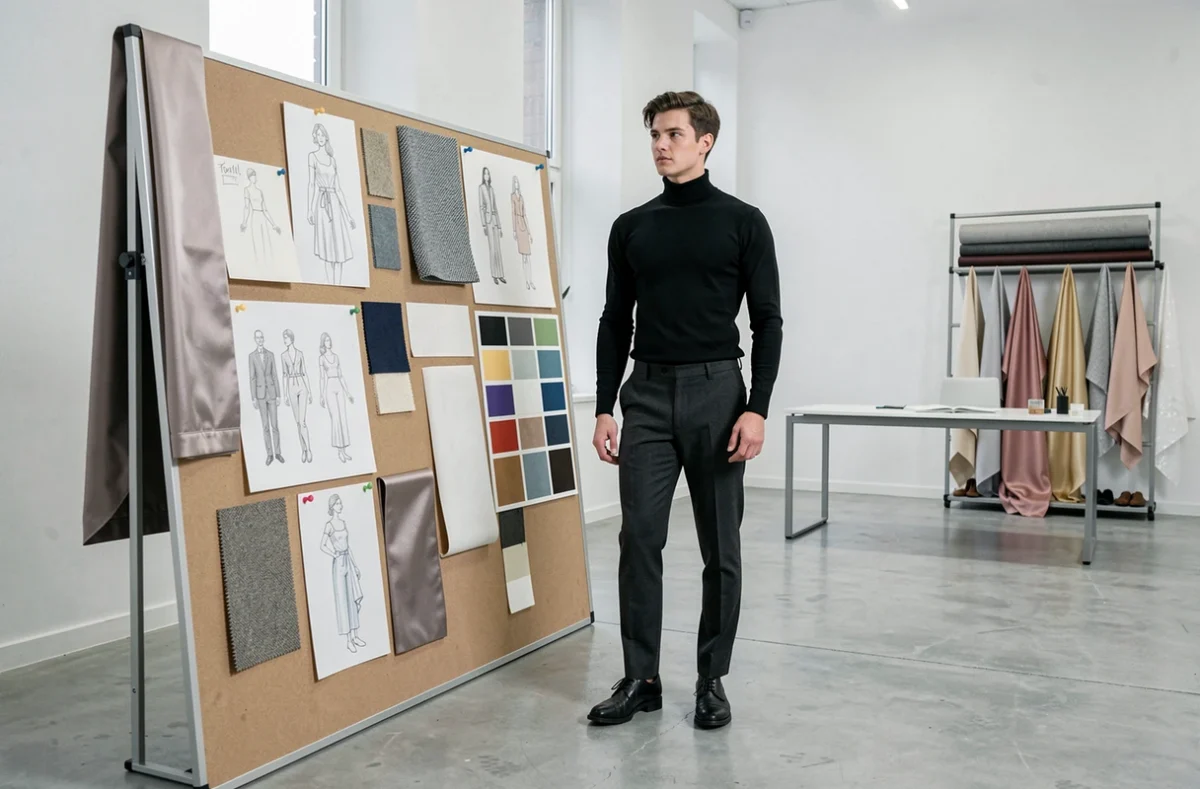 Styliste de mode masculin devant un tableau d'inspirations dans un studio de création de haute couture moderne