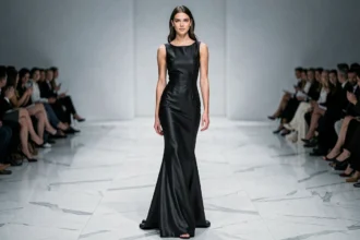 Supermodel en robe noire marchant avec assurance sur un podium de défilé de haute couture