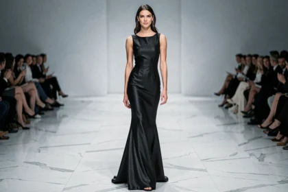 Supermodel en robe noire marchant avec assurance sur un podium de défilé de haute couture