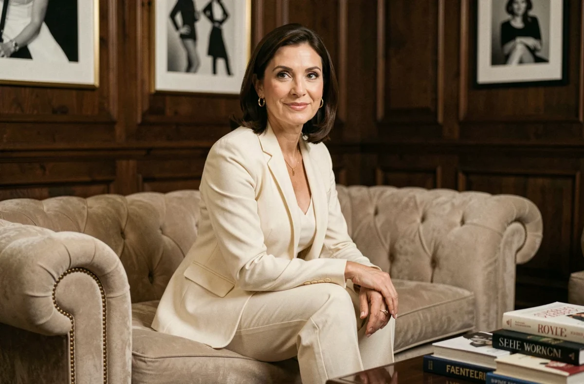 Supermodel expérimentée en costume crème assise dans un salon luxueux lors d'une interview pour un magazine de mode