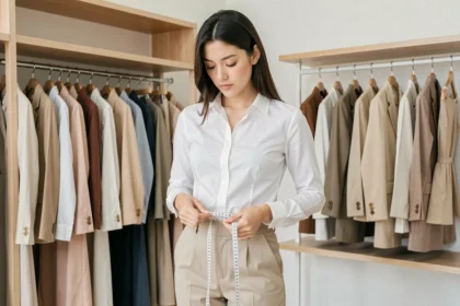 Jeune femme mesurant sa taille avec un mètre ruban dans une boutique de vêtements minimaliste, illustrant la notion de taille 0