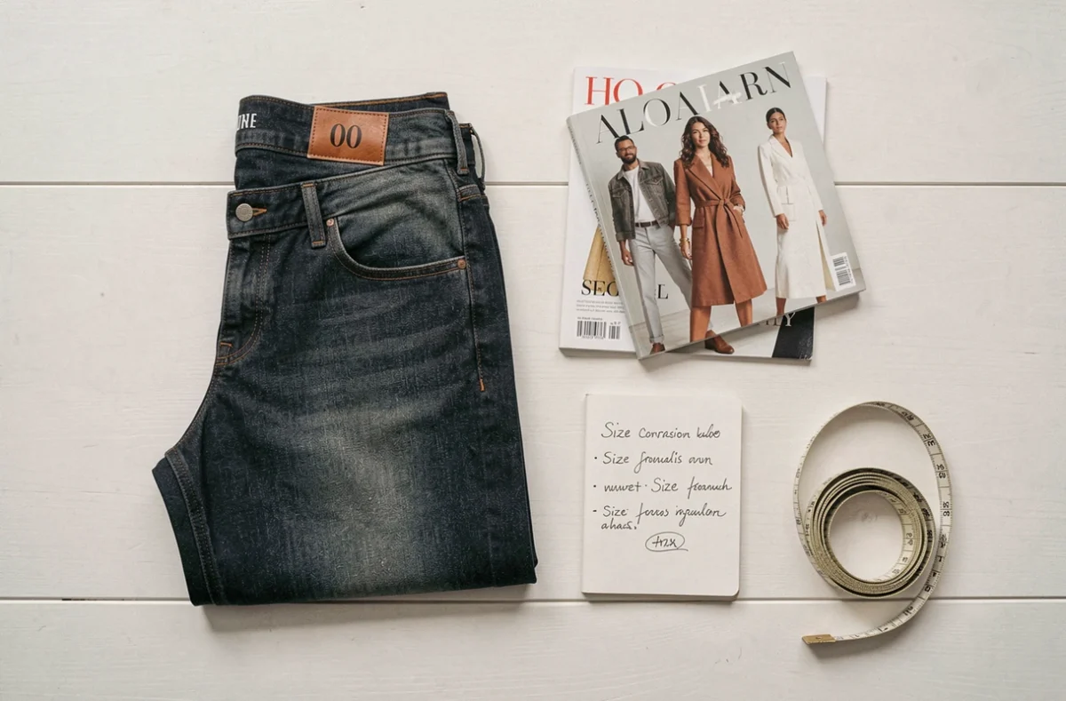 Vue en plat à plat d'un jean taille 00 avec étiquette de taille, un magazine de mode et un mètre ruban sur une table en bois blanc