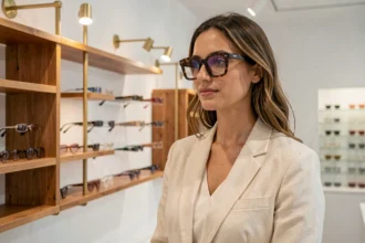 Femme portant des lunettes tendance montures carrées oversize en acétate écaille de tortue dans une boutique optique moderne
