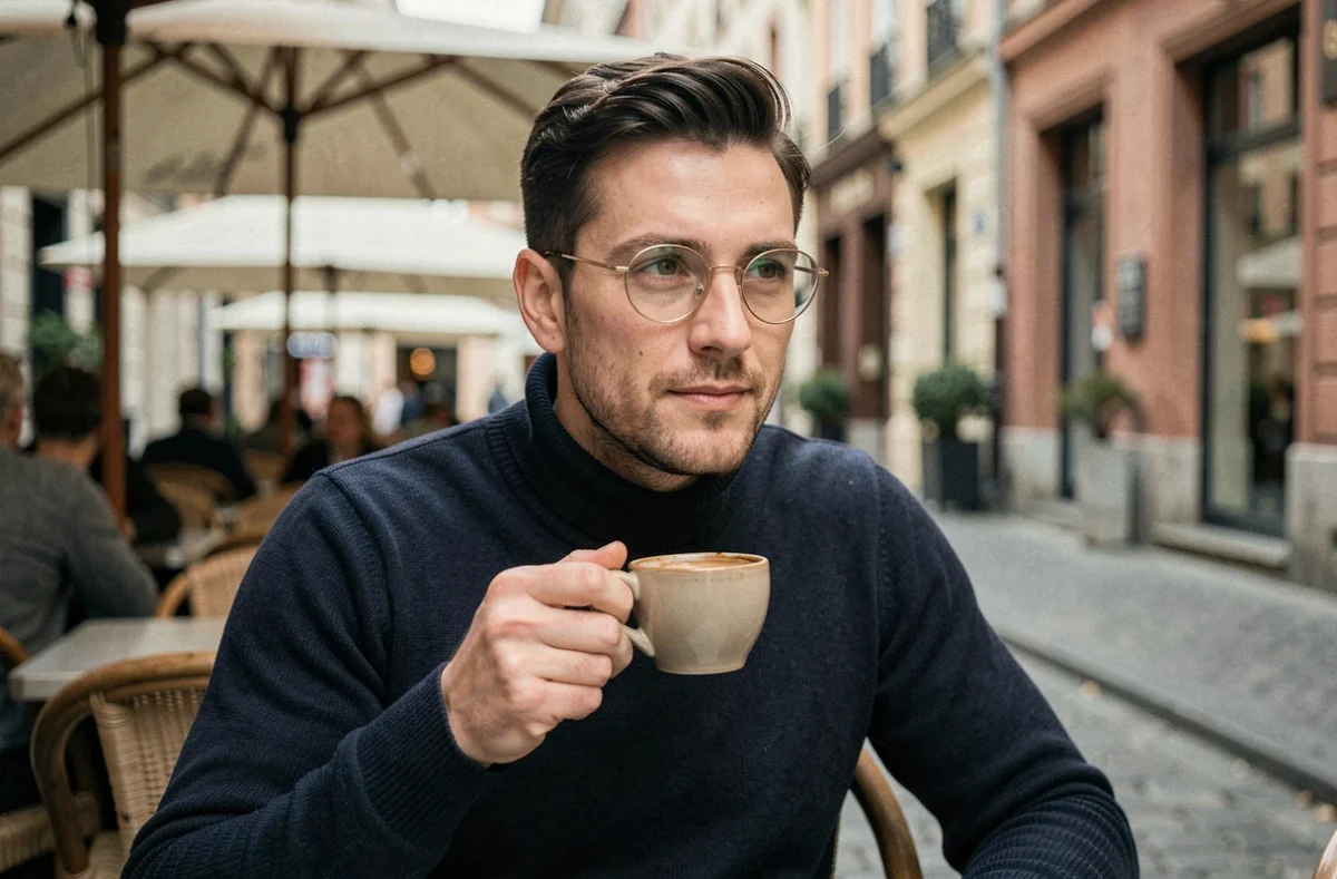 Homme portant des lunettes tendance à montures rondes en métal doré dans un café en terrasse style européen