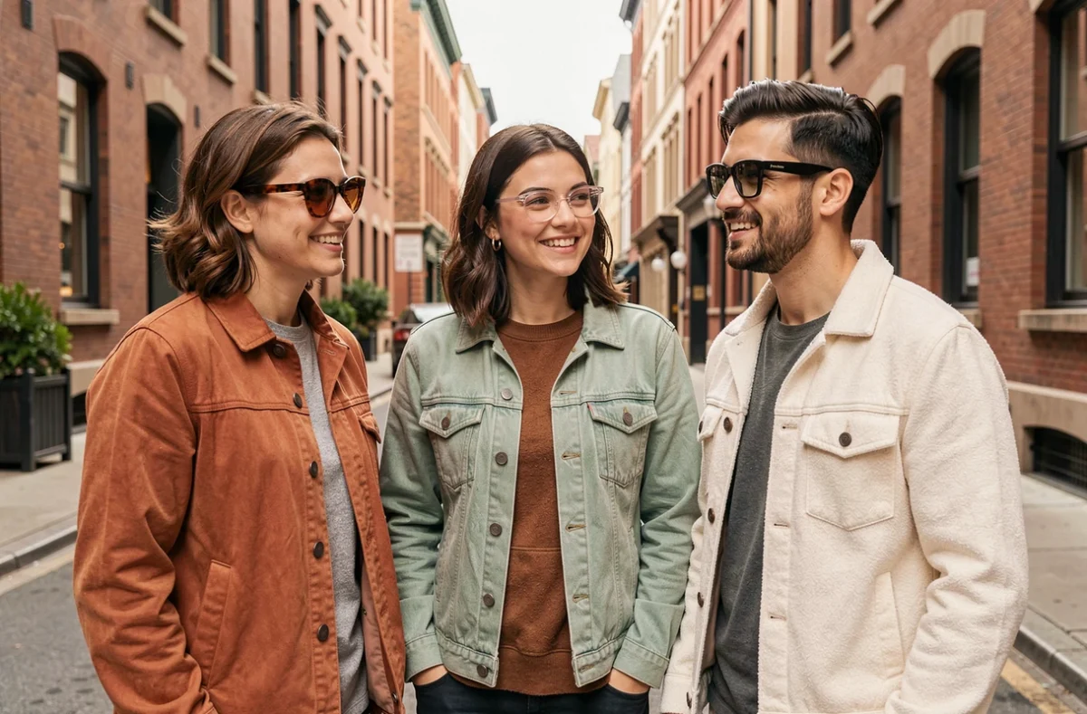 Groupe d'amis portant différentes tendances de lunettes actuelles dans un contexte de street style urbain en automne