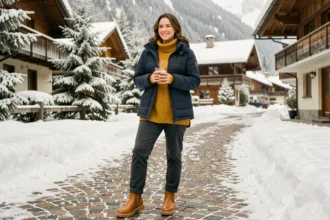 Femme habillée chaudement dans un village alpin enneigé avec un manteau doudoune et des bottes à semelles épaisses