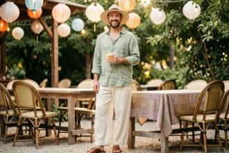 Homme en tenue guinguette bohème avec chemise en lin vert sauge, pantalon crème et chapeau de paille dans un cadre champêtre chic