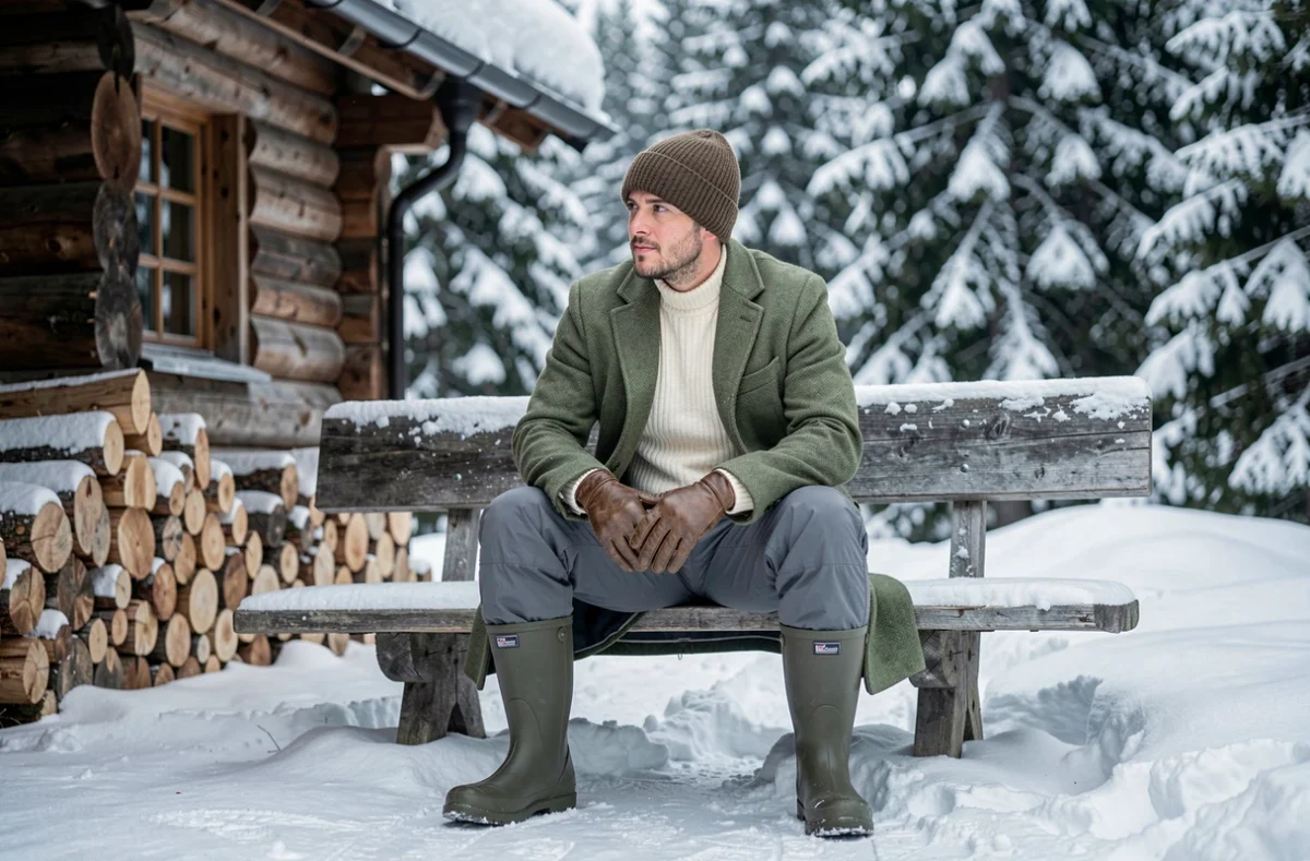 Homme en manteau long et bottes imperméables assis devant un chalet de montagne sous la neige