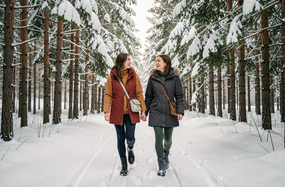 Deux femmes marchant sur un sentier enneigé en tenue d'hiver tendance sans équipement de ski