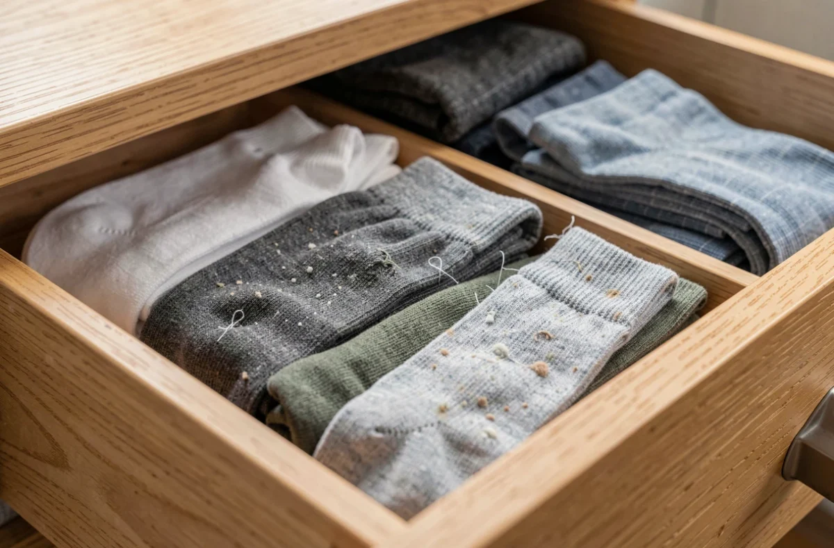 Tiroir de rangement de chaussettes montrant différents degrés d'usure, de la paire neuve à la paire très portée