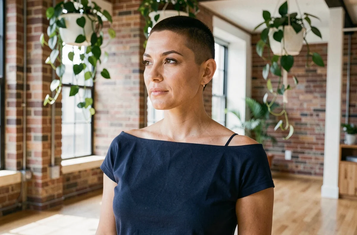 Femme aux cheveux ultra-courts portant un top col bateau bleu marine dans un appartement loft lumineux