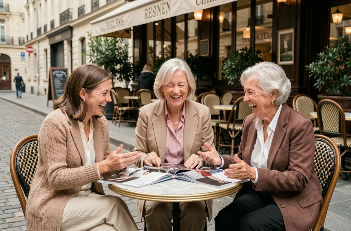 Trois femmes de générations différentes discutant de mode autour d'une table de café à Paris, illustrant la diversité des styles vestimentaires selon l'âge
