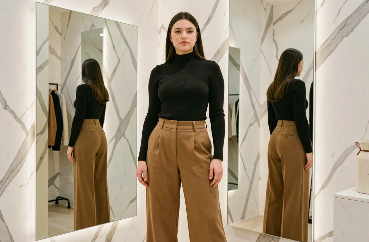 Jeune femme au visage rond sublimée par une tenue col roulé et pantalon taille haute, essayage en boutique devant un miroir